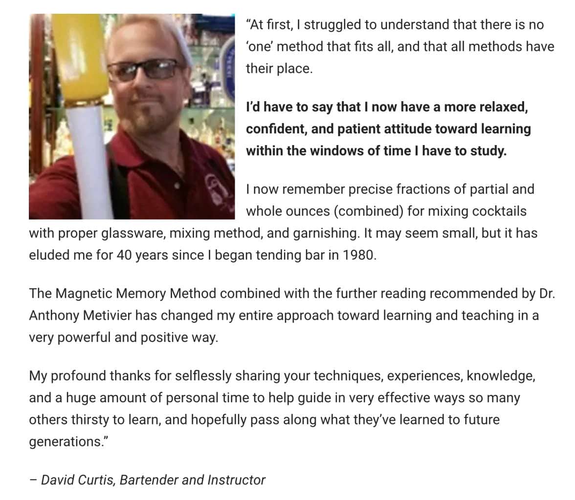 David Curtis Magnetic Memory Method testimonial for using mnemonics as a bartender