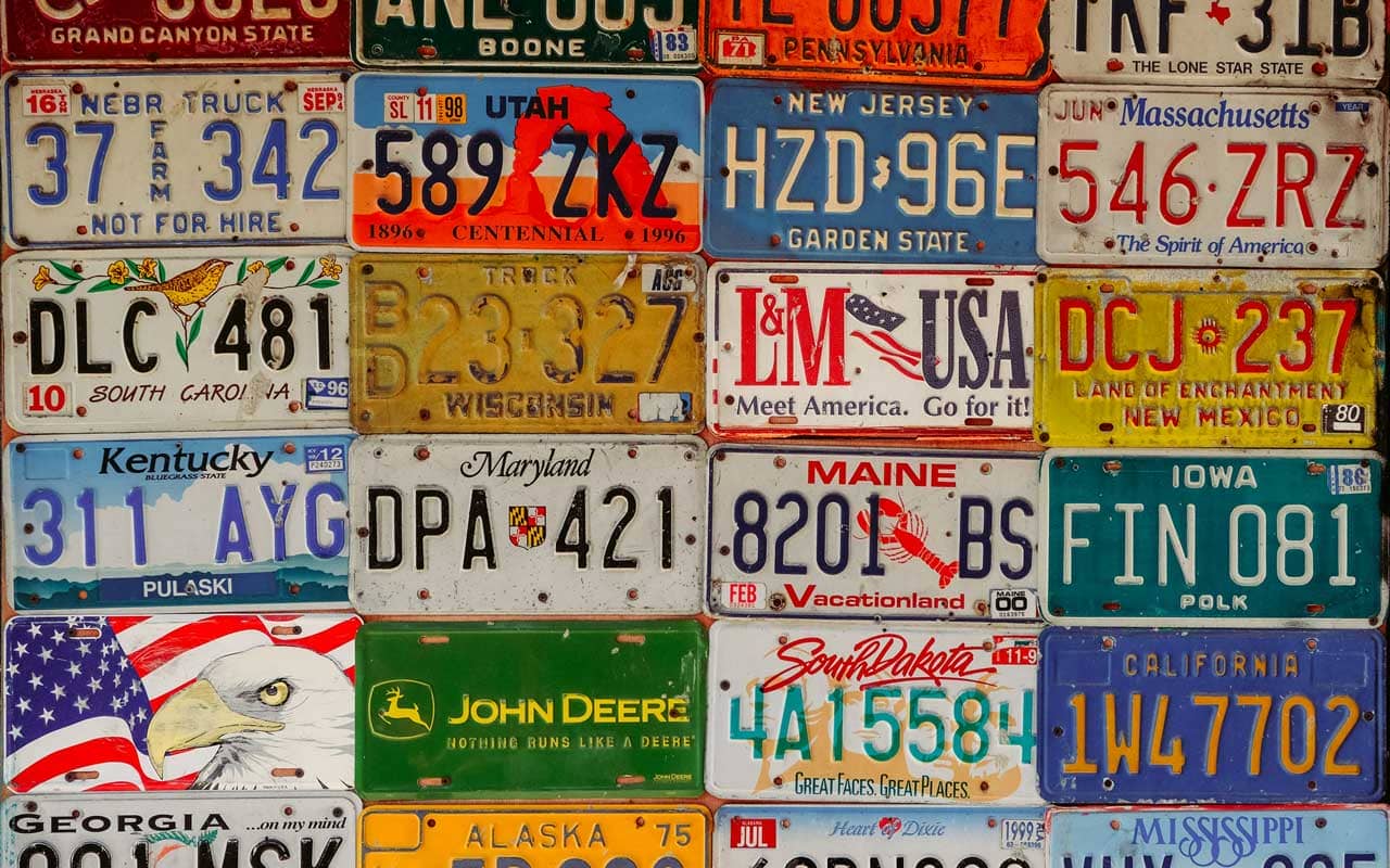 License plates (also called number plates) from many different states in the U.S.