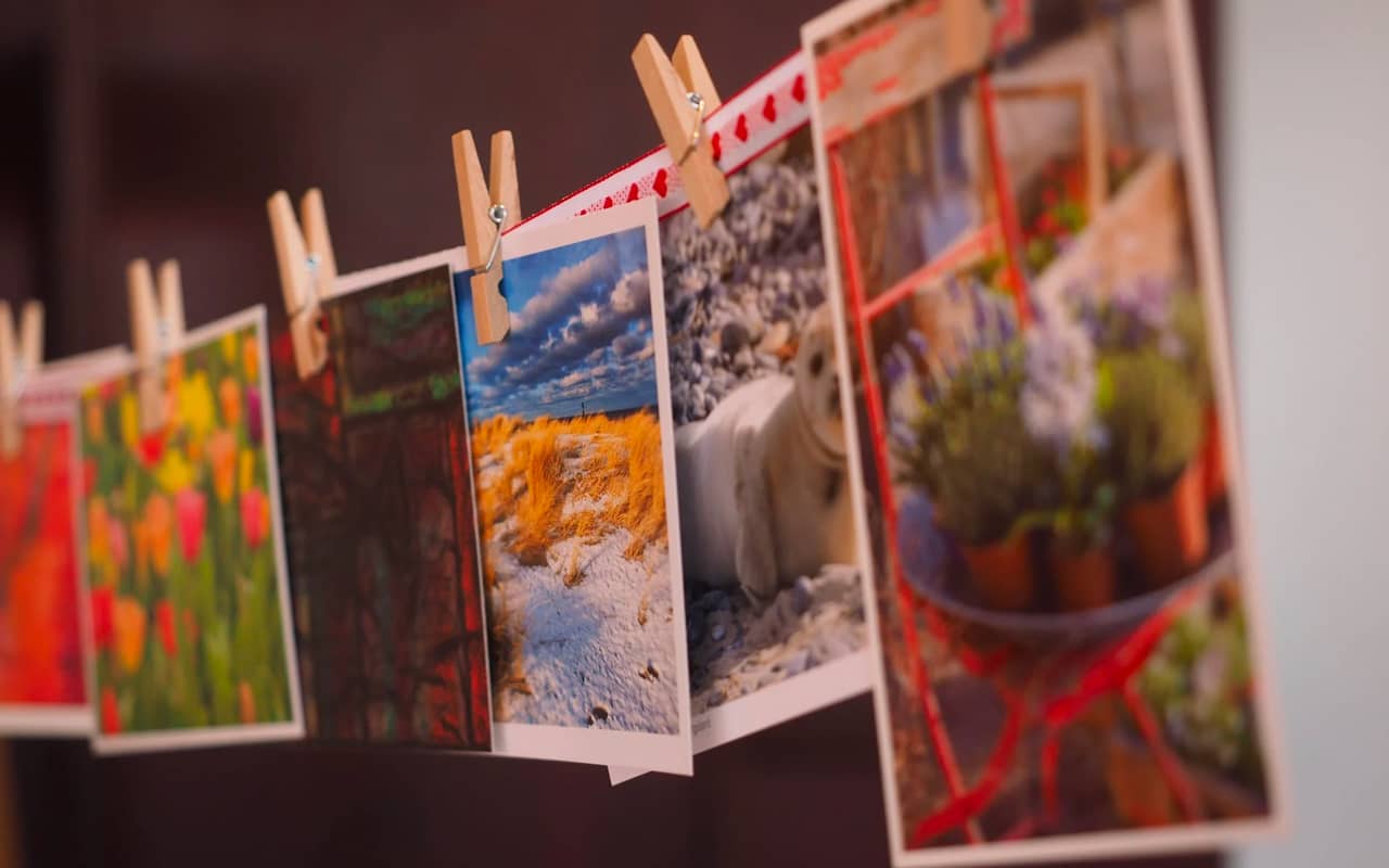 photographs hanging in a line