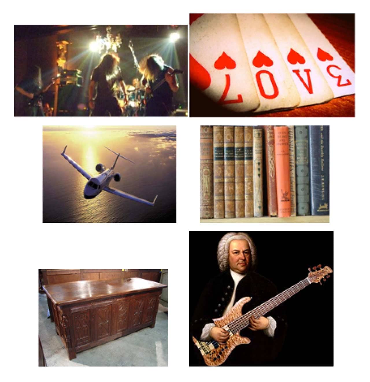 Anthony's "treasure map" which includes pictures of a band performing on stage, playing cards, an airplane, books, a chest, and J.S. Bach holding an electric bass.