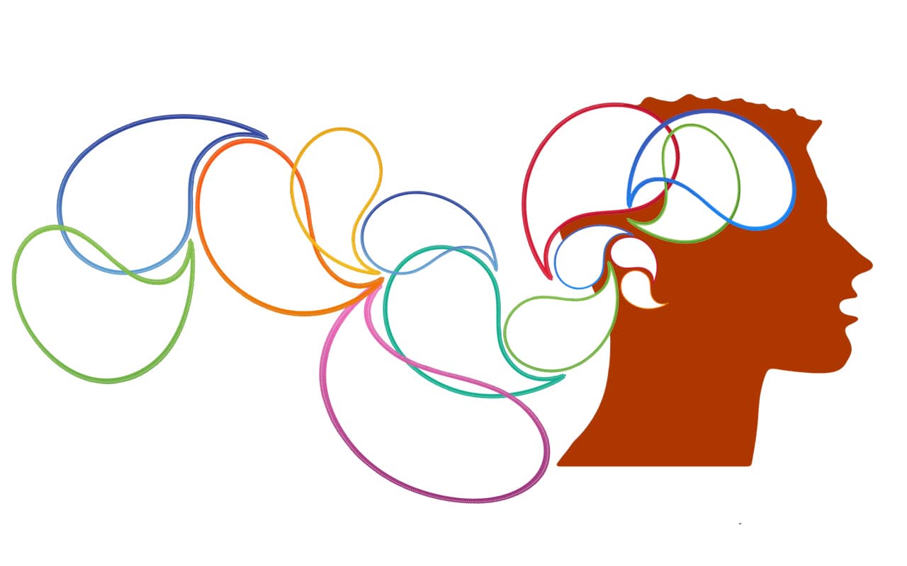 An illustration of a human head with thought bubbles surfacing from the brain.